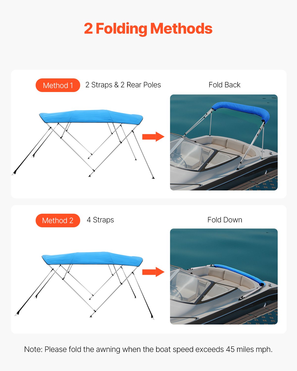 VEVOR Toldo Bimini para Barco 4 Arcos, de Poliéster 600D, Aleación de Aluminio, Impermeable y Parasol, Bolsa de Almacenamiento, 2 Postes de Soporte, 4 Correas, 244 x 185 x 137 cm, Azul Pacífico