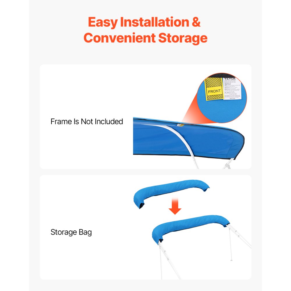 VEVOR Toldo Bimini Plegable para Barco de 4 Arcos, Poliéster 600D, Impermeable y con Protección Solar, con Bolsa de Almacenamiento, Resistente al Viento y Desgarro, 244 x 230 cm, Azul Pacífico
