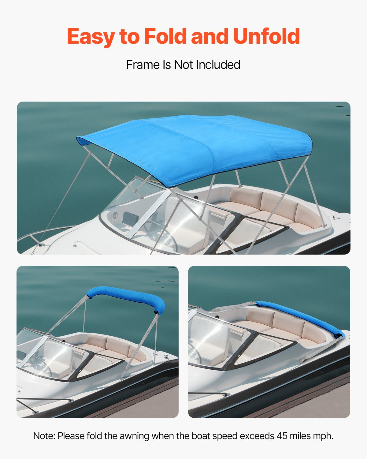 VEVOR Toldo Bimini Plegable para Barco de 4 Arcos, Poliéster 600D, Impermeable y con Protección Solar, con Bolsa de Almacenamiento, Resistente al Viento y Desgarro, 244 x 230 cm, Azul Pacífico