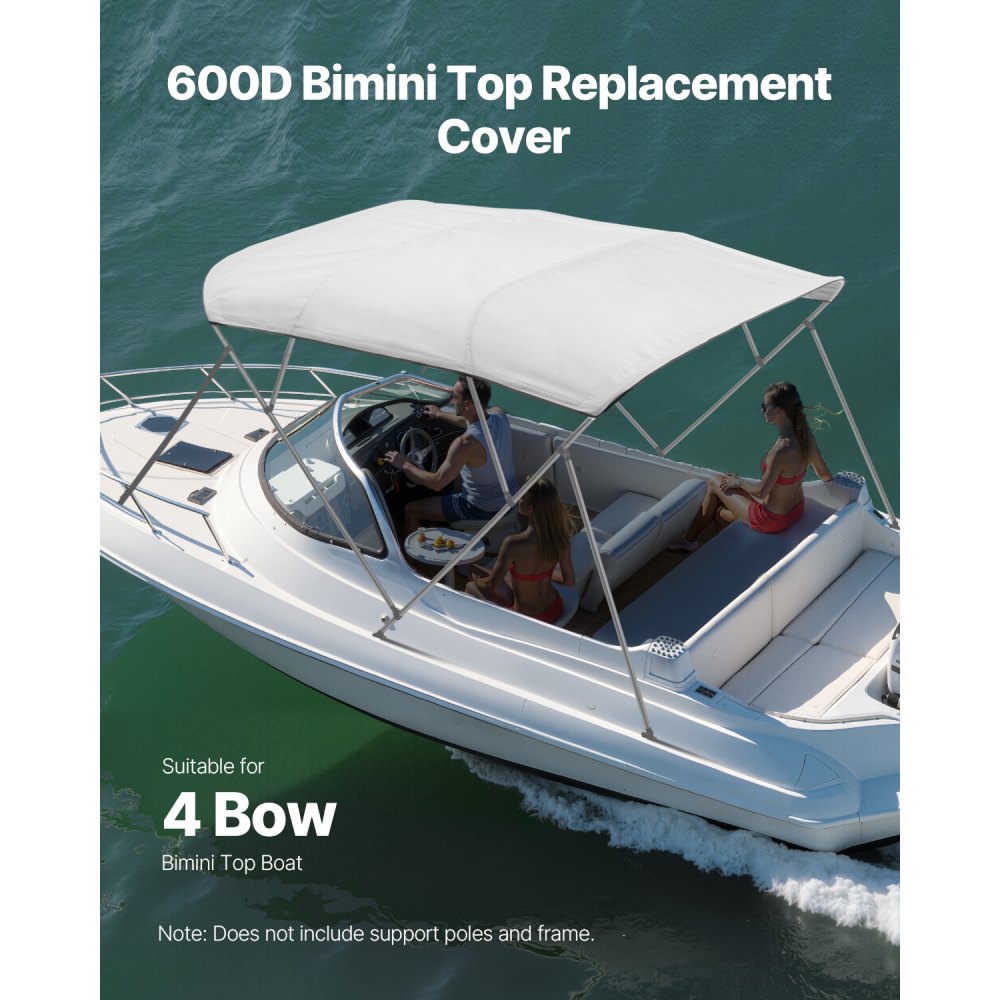 VEVOR Bimini Top Replacement Boat Cover Sunshade (4 arches) made of 600D polyester, waterproof sunshade boat awning with storage bag (without support pole) 231-244 cm Light Grey