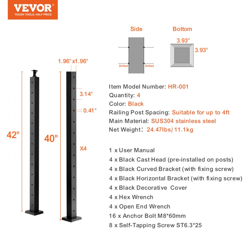 VEVOR 4 Postes de Barandilla de Cable con Orificio Horizontal de 106,7 x 5 x 5 cm Poste de Riel de Cable de Acero Inoxidable SUS304 con Soporte Horizontal y Curvo, Negro, 4JZLGZ106755EAEN9V0