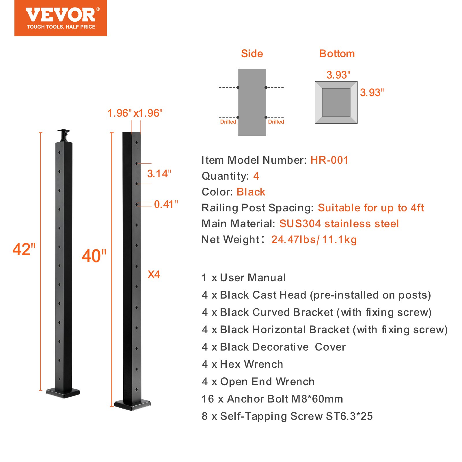VEVOR 4 Postes de Barandilla de Cable con Orificio Horizontal de 106,7 x 5 x 5 cm Poste de Riel de Cable de Acero Inoxidable SUS304 con Soporte Horizontal y Curvo, Negro, 4JZLGZ106755EAEN9V0