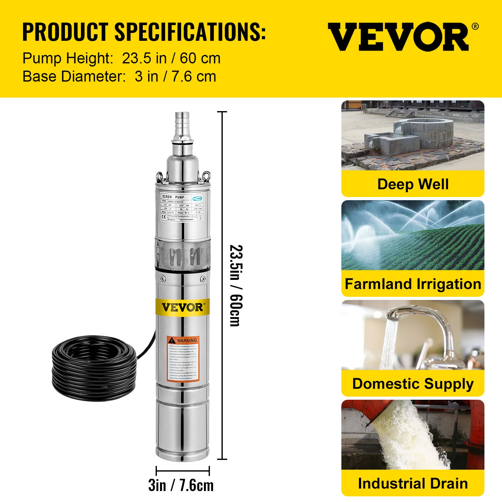 Bomba De Pozo Profundo 370w 0.5hp Bomba De Agua Sumergible Cable 10m