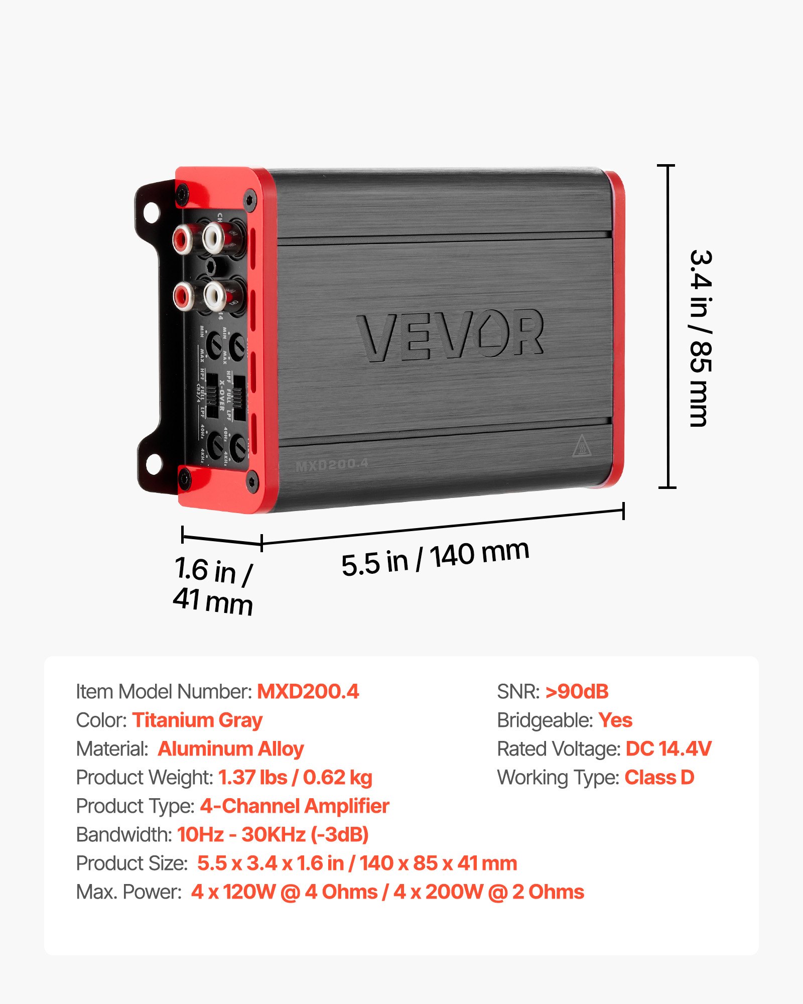 VEVOR Amplificador para Automóvil 4 Canales Puenteable Clase D, Máximo 4 x 120W a 4 ohmios y 4 x 200W a 2 ohmios, Amplificador Estéreo de Audio para Coche para Vehículo Todoterreno Camioneta SUV Sedán