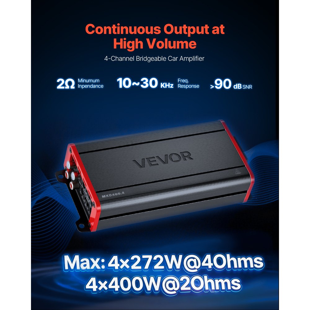 VEVOR Amplificador para Automóvil 4 Canales Puenteable Clase D, Máximo 4 x 272W a 4 ohmios y 4 x 400W a 2 ohmios, Amplificador Estéreo de Audio para Coche para Vehículo Todoterreno SUV Sedán Camioneta