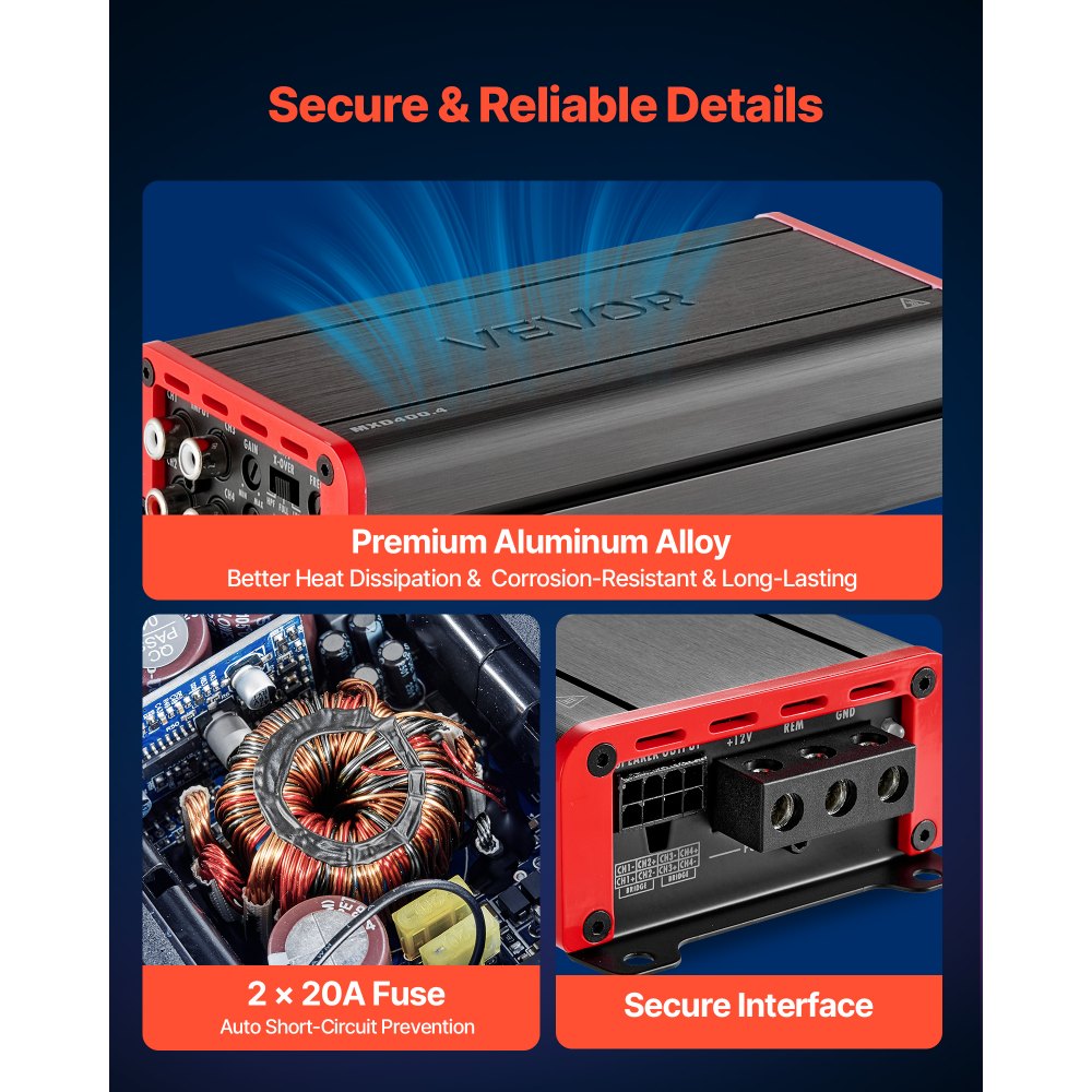 VEVOR Amplificador para Automóvil 4 Canales Puenteable Clase D, Máximo 4 x 272W a 4 ohmios y 4 x 400W a 2 ohmios, Amplificador Estéreo de Audio para Coche para Vehículo Todoterreno SUV Sedán Camioneta