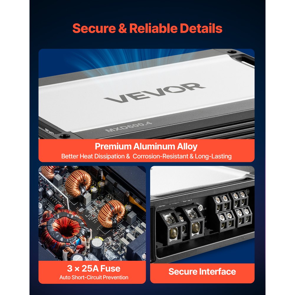 VEVOR Amplificador para Automóvil 4 Canales Clase D Máximo 4 x 420W a 4 ohmios y 4 x 600W a 2 ohmios, Amplificador Estéreo de Audio para Coche Puenteable para Sedán SUV Vehículo Todoterreno Camioneta