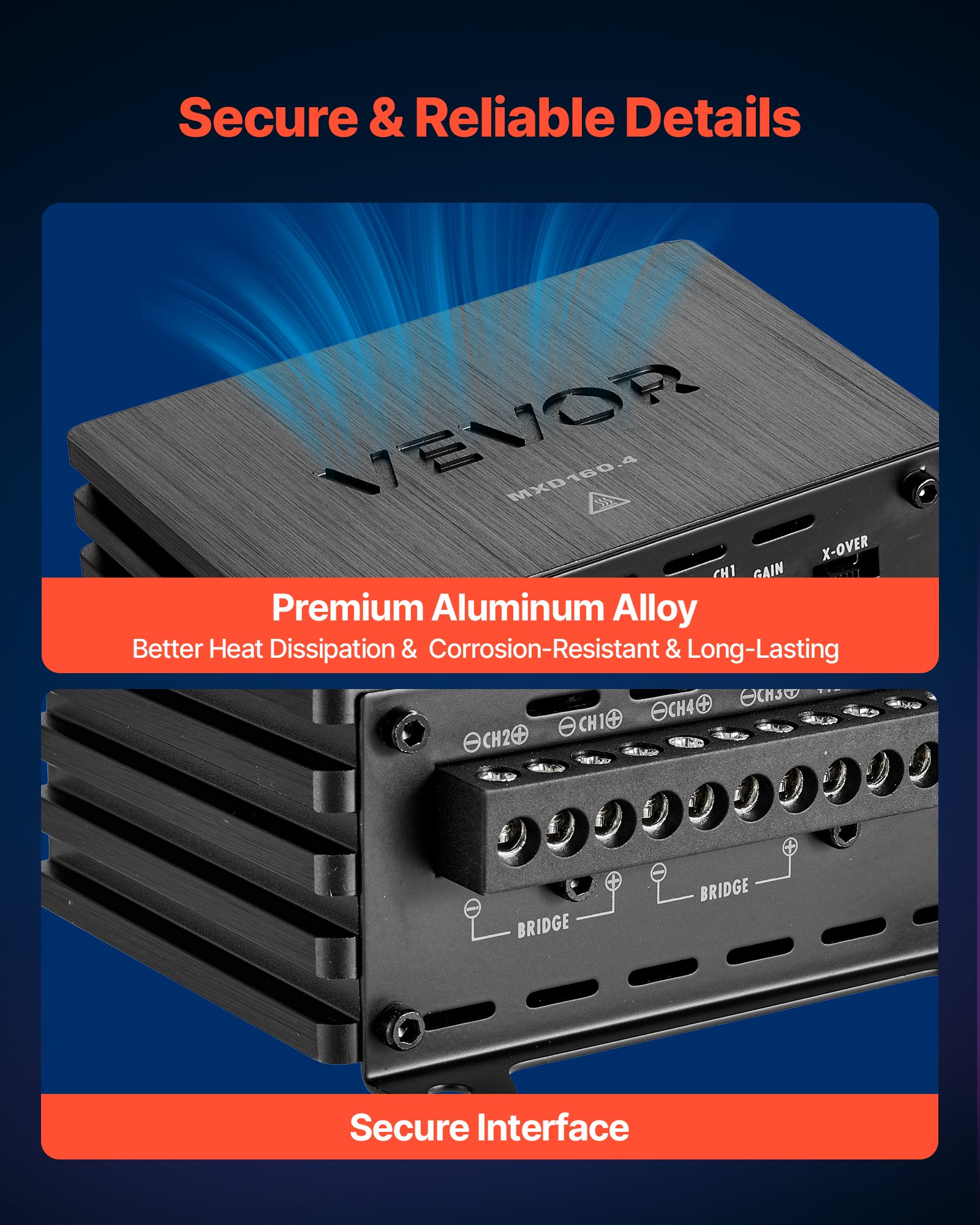 VEVOR Amplificador para Automóvil 4 Canales Puenteable Clase D, Máximo 4 x 110W a 4 ohmios y 4 x 160W a 2 ohmios, Amplificador Estéreo de Audio para Coche para Camioneta Vehículo Todoterreno Sedán SUV