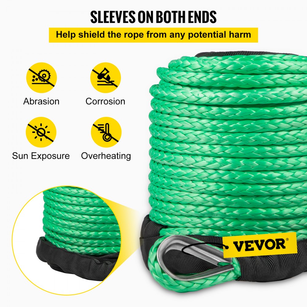 Cuerda de cabrestante sintética verde de 5/16 pulgadas x 100 pies, cabrestante de cable, cuerda de remolque para coche con funda