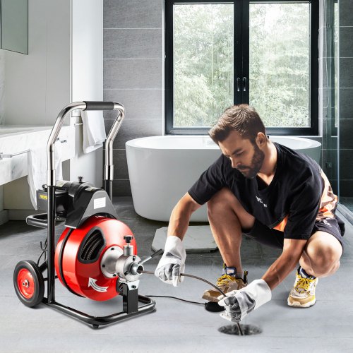 VEVOR Desatascador Eléctrico de 370 W, Máquina de Limpieza de Tuberías de Drenaje 15 m x 13 mm, Máquina Profesional de Desobstrucción de Tuberías con 4 Cortadores para Limpiar Alcantarillas de Baño