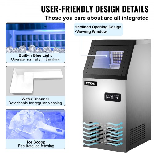 VEVOR Máquina para Hacer Hielo Comercial, 50KG/24 Horas, Máquina de Hielo, de Acero Inoxidable, Máquina para Fabricar Cono de Nieve, Reserva de 5-7 Horas, con Panel de Control LCD y Cuchara de Hielo