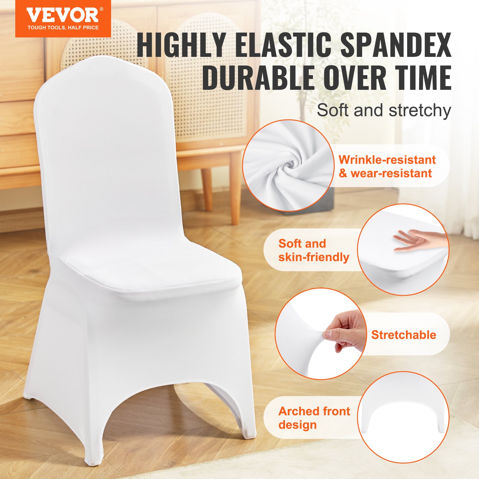 VEVOR Fundas para Sillas de Boda para Altura de Silla de 89-98 cm, Cubiertas para Sillas Blancas 50 Piezas, Fundas de Sillas de Licra sin Brazos Poliéster y Elástico, Fiesta Celebración Decoración