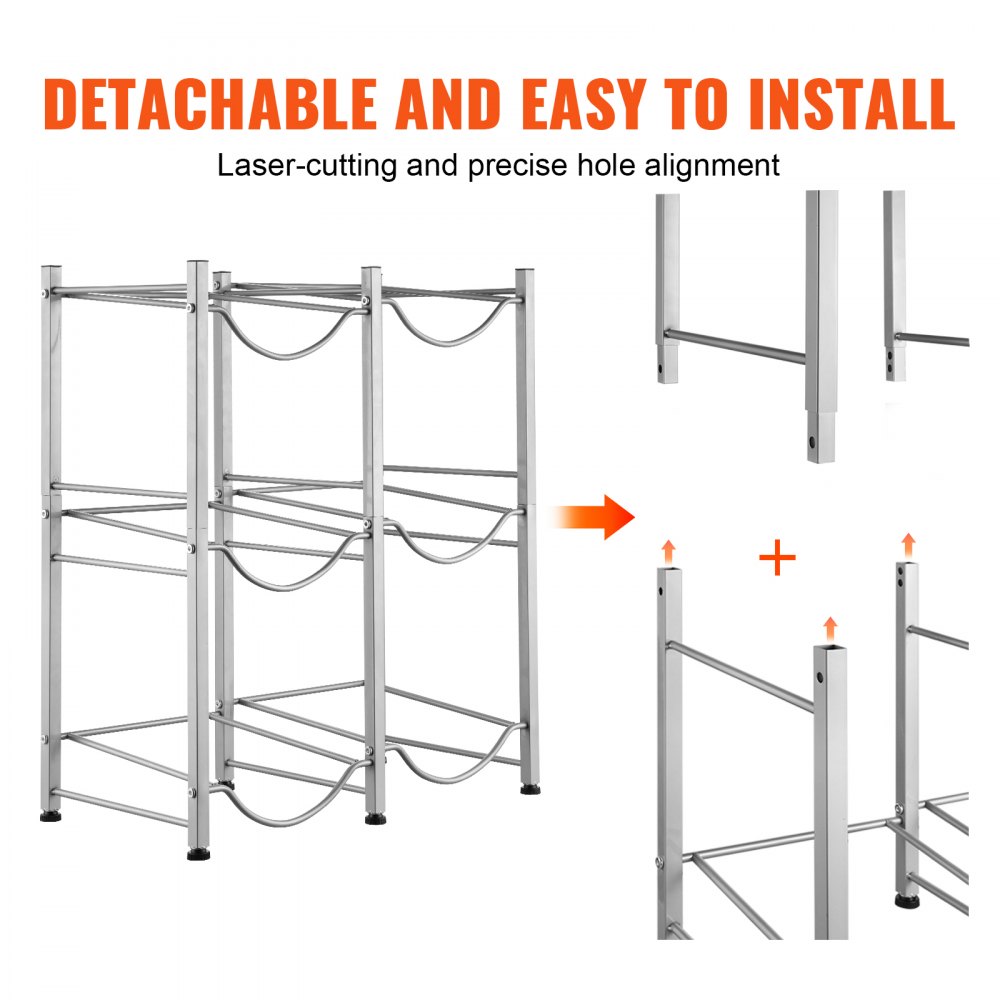 VEVOR Soporte para Jarra de Agua 3 Niveles Estante para Botellas de Agua 636x330x738 mm Soporte para 6 Botellas Estante para Jarras de Agua Resistente para Cocina, Oficina, Sala de Estar, Plateado
