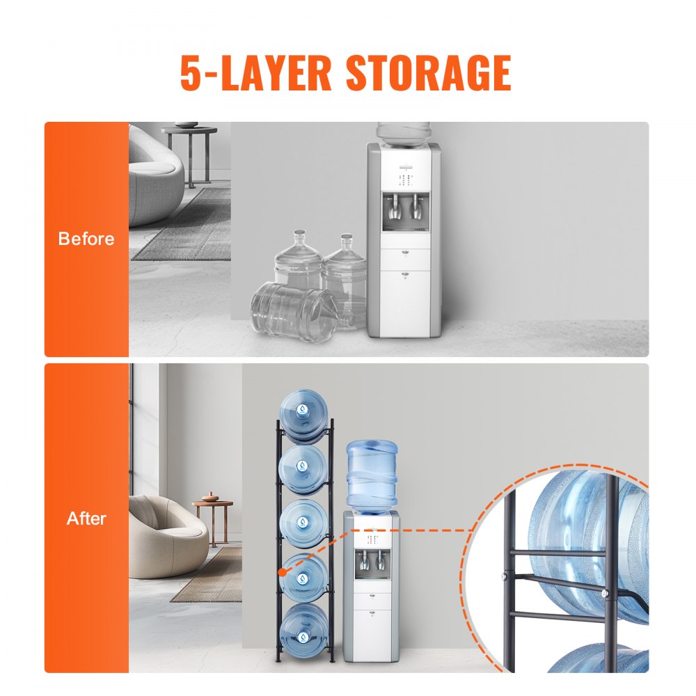 VEVOR Soporte para Jarra de Agua 5 Niveles Estante para Botellas de Agua 332x330x1355 mm Soporte para 5 Botellas Estante para Jarras de Agua Resistente para Cocina, Oficina, Sala de Estar, Negro