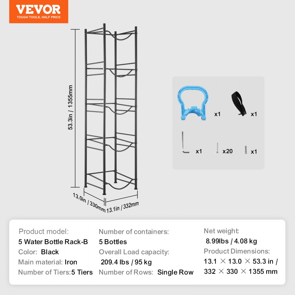 VEVOR Soporte para Jarra de Agua 5 Niveles Estante para Botellas de Agua 332x330x1355 mm Soporte para 5 Botellas Estante para Jarras de Agua Resistente para Cocina, Oficina, Sala de Estar, Negro