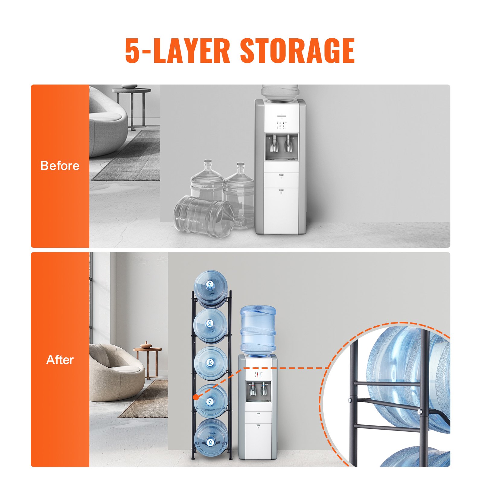 VEVOR Soporte para Jarra de Agua 5 Niveles Estante para Botellas de Agua 332x330x1355 mm Soporte para 5 Botellas Estante para Jarras de Agua Resistente para Cocina, Oficina, Sala de Estar, Negro