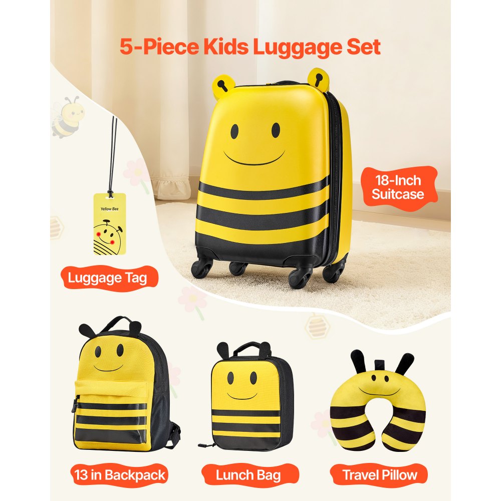 VEVOR Juego de Maletas para Niños 5 Piezas, Maleta de Cabina 45,7 cm, Mochila con Cojín Cervical, Bolsa de Almuerzo y Etiqueta de Equipaje, Abeja Amarilla, Equipaje Infantil para Escuela Viaje Camping