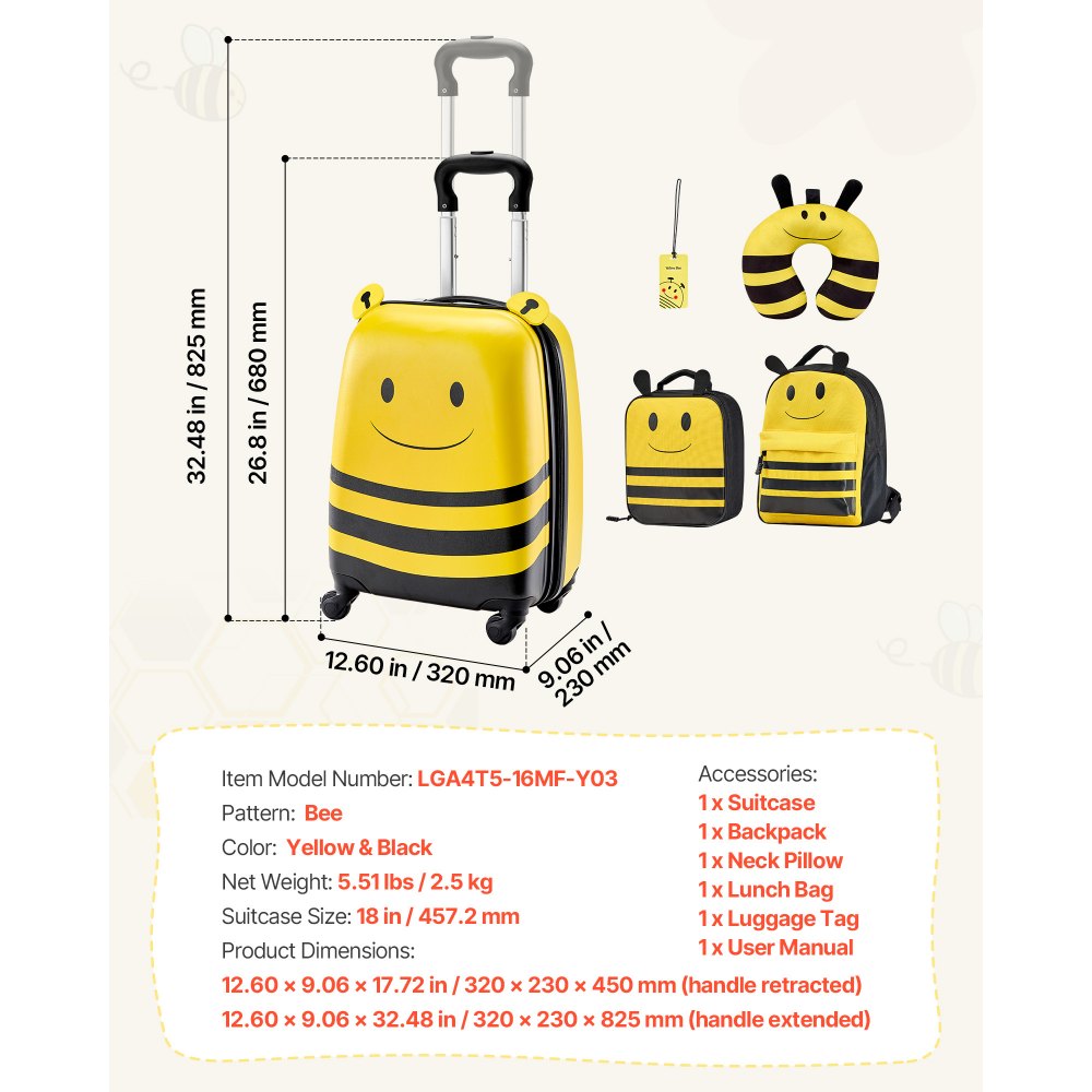 VEVOR Juego de Maletas para Niños 5 Piezas, Maleta de Cabina 45,7 cm, Mochila con Cojín Cervical, Bolsa de Almuerzo y Etiqueta de Equipaje, Abeja Amarilla, Equipaje Infantil para Escuela Viaje Camping