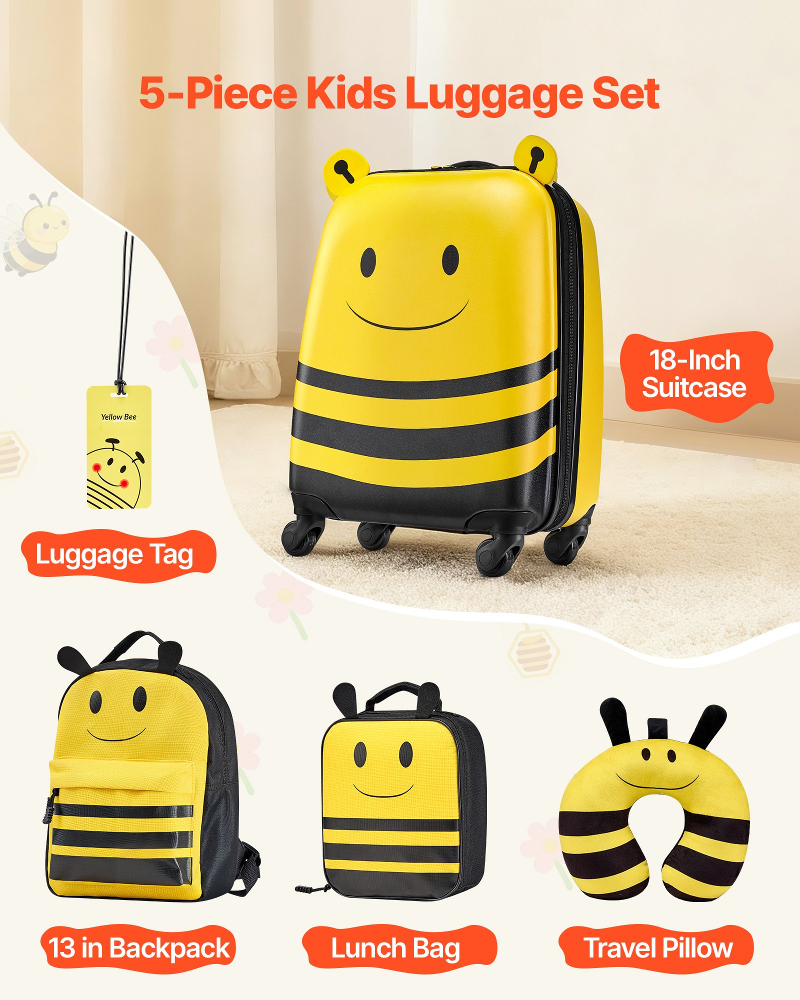 VEVOR Juego de Maletas para Niños 5 Piezas, Maleta de Cabina 45,7 cm, Mochila con Cojín Cervical, Bolsa de Almuerzo y Etiqueta de Equipaje, Abeja Amarilla, Equipaje Infantil para Escuela Viaje Camping