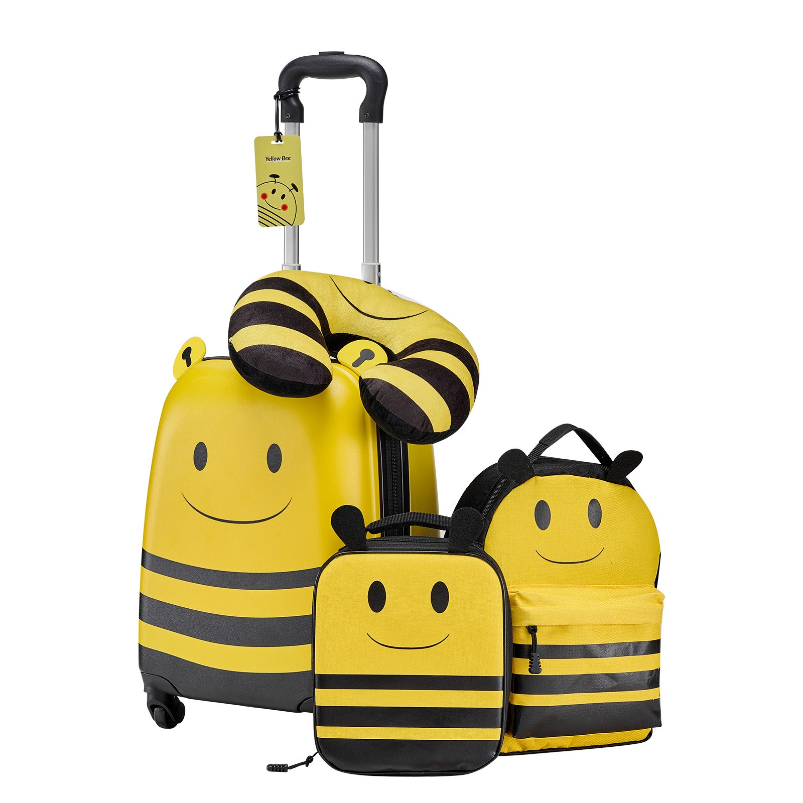VEVOR Juego de Maletas para Niños 5 Piezas, Maleta de Cabina 45,7 cm, Mochila con Cojín Cervical, Bolsa de Almuerzo y Etiqueta de Equipaje, Abeja Amarilla, Equipaje Infantil para Escuela Viaje Camping