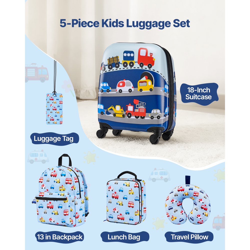 VEVOR Juego de Maletas para Niños 5 Piezas, Maleta de Cabina 45,7 cm, Mochila con Cojín Cervical, Bolsa para Comida y Etiqueta de Equipaje, Camión Azul, Equipajes Infantiles para Viaje Escuela Camping