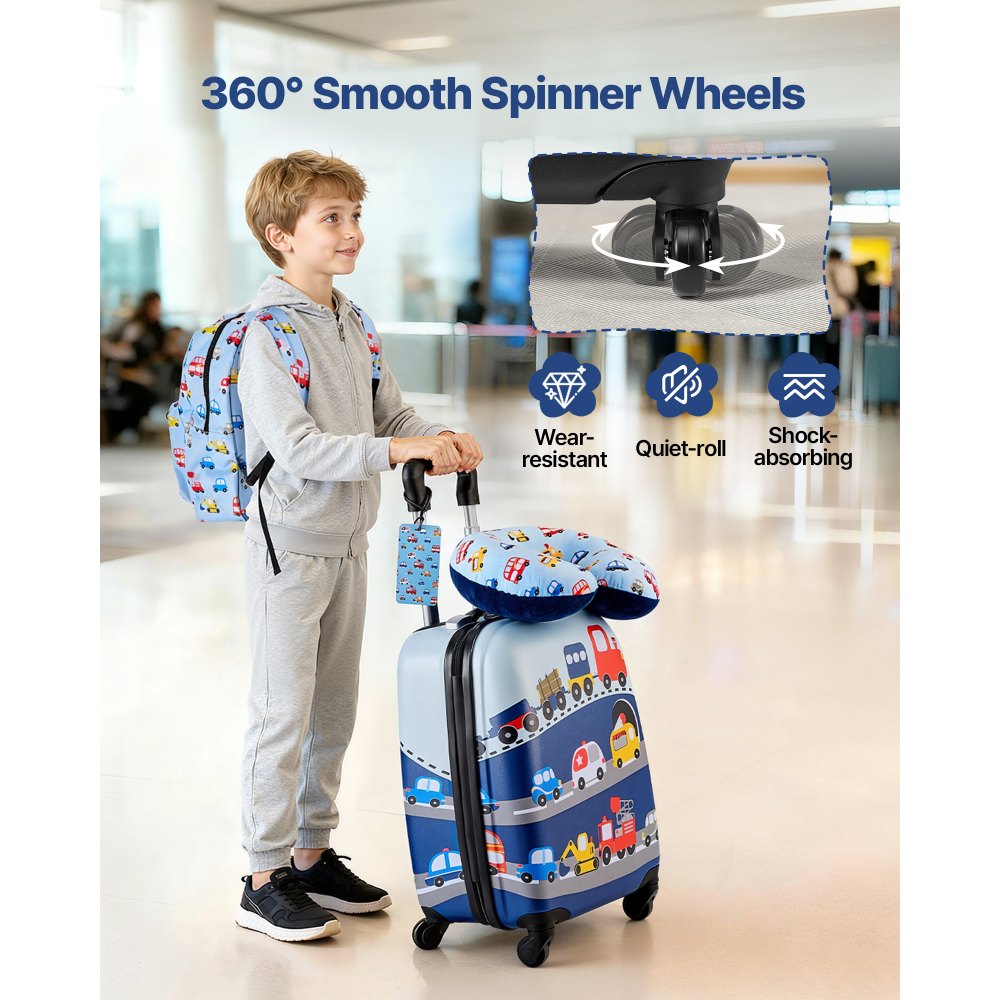 VEVOR Juego de Maletas para Niños 5 Piezas, Maleta de Cabina 45,7 cm, Mochila con Cojín Cervical, Bolsa para Comida y Etiqueta de Equipaje, Camión Azul, Equipajes Infantiles para Viaje Escuela Camping