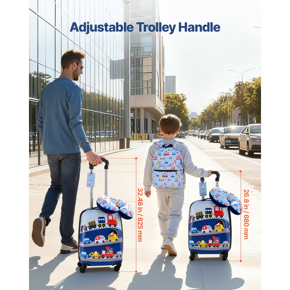 VEVOR Juego de Maletas para Niños 5 Piezas, Maleta de Cabina 45,7 cm, Mochila con Cojín Cervical, Bolsa para Comida y Etiqueta de Equipaje, Camión Azul, Equipajes Infantiles para Viaje Escuela Camping