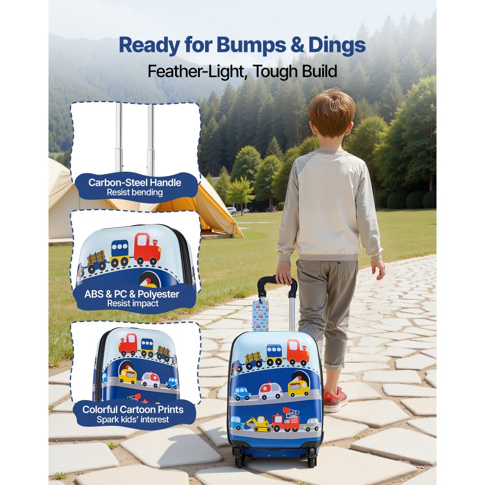 VEVOR Juego de Maletas para Niños 5 Piezas, Maleta de Cabina 45,7 cm, Mochila con Cojín Cervical, Bolsa para Comida y Etiqueta de Equipaje, Camión Azul, Equipajes Infantiles para Viaje Escuela Camping