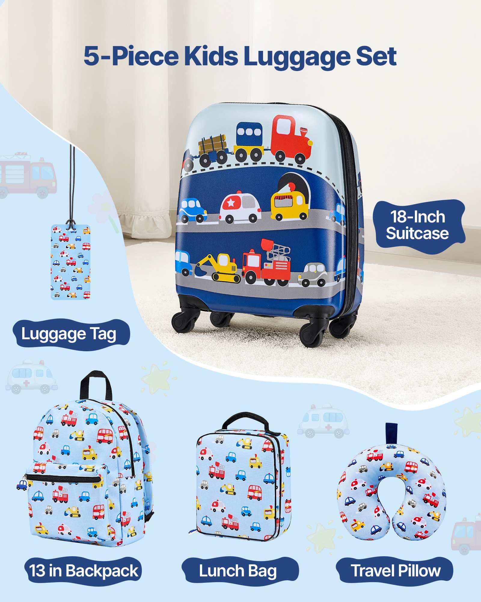 VEVOR Juego de Maletas para Niños 5 Piezas, Maleta de Cabina 45,7 cm, Mochila con Cojín Cervical, Bolsa para Comida y Etiqueta de Equipaje, Camión Azul, Equipajes Infantiles para Viaje Escuela Camping