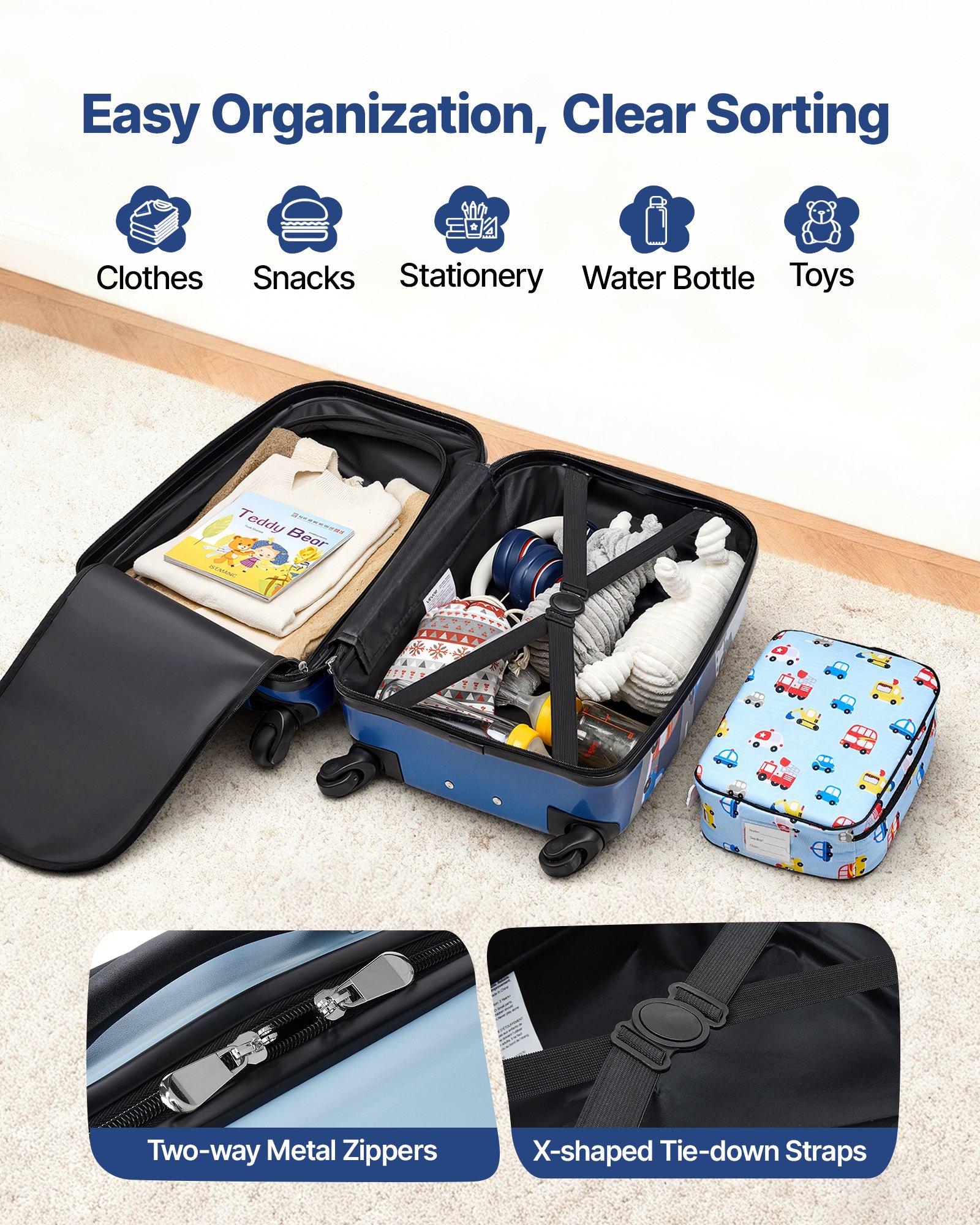 VEVOR Juego de Maletas para Niños 5 Piezas, Maleta de Cabina 45,7 cm, Mochila con Cojín Cervical, Bolsa para Comida y Etiqueta de Equipaje, Camión Azul, Equipajes Infantiles para Viaje Escuela Camping