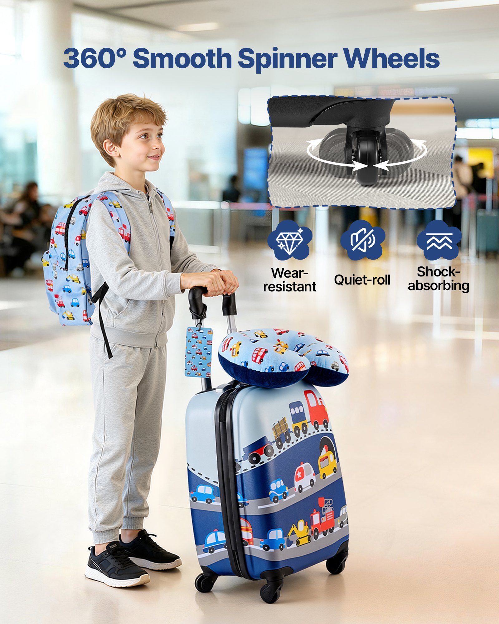 VEVOR Juego de Maletas para Niños 5 Piezas, Maleta de Cabina 45,7 cm, Mochila con Cojín Cervical, Bolsa para Comida y Etiqueta de Equipaje, Camión Azul, Equipajes Infantiles para Viaje Escuela Camping