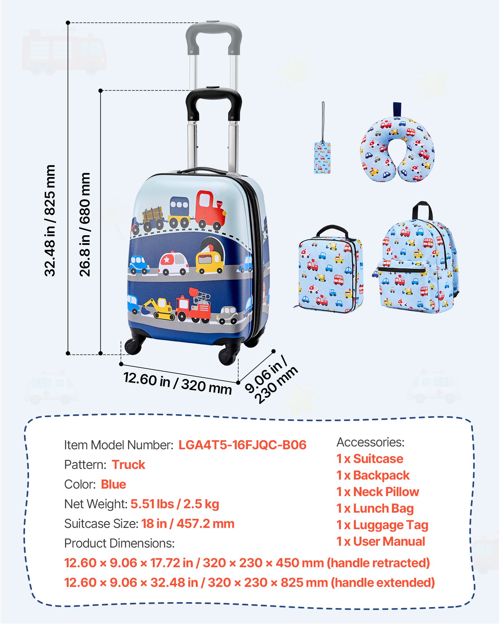 VEVOR Juego de Maletas para Niños 5 Piezas, Maleta de Cabina 45,7 cm, Mochila con Cojín Cervical, Bolsa para Comida y Etiqueta de Equipaje, Camión Azul, Equipajes Infantiles para Viaje Escuela Camping