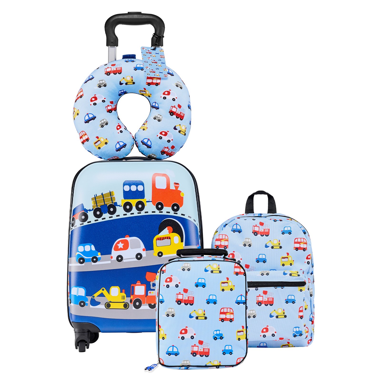 VEVOR Juego de Maletas para Niños 5 Piezas, Maleta de Cabina 45,7 cm, Mochila con Cojín Cervical, Bolsa para Comida y Etiqueta de Equipaje, Camión Azul, Equipajes Infantiles para Viaje Escuela Camping