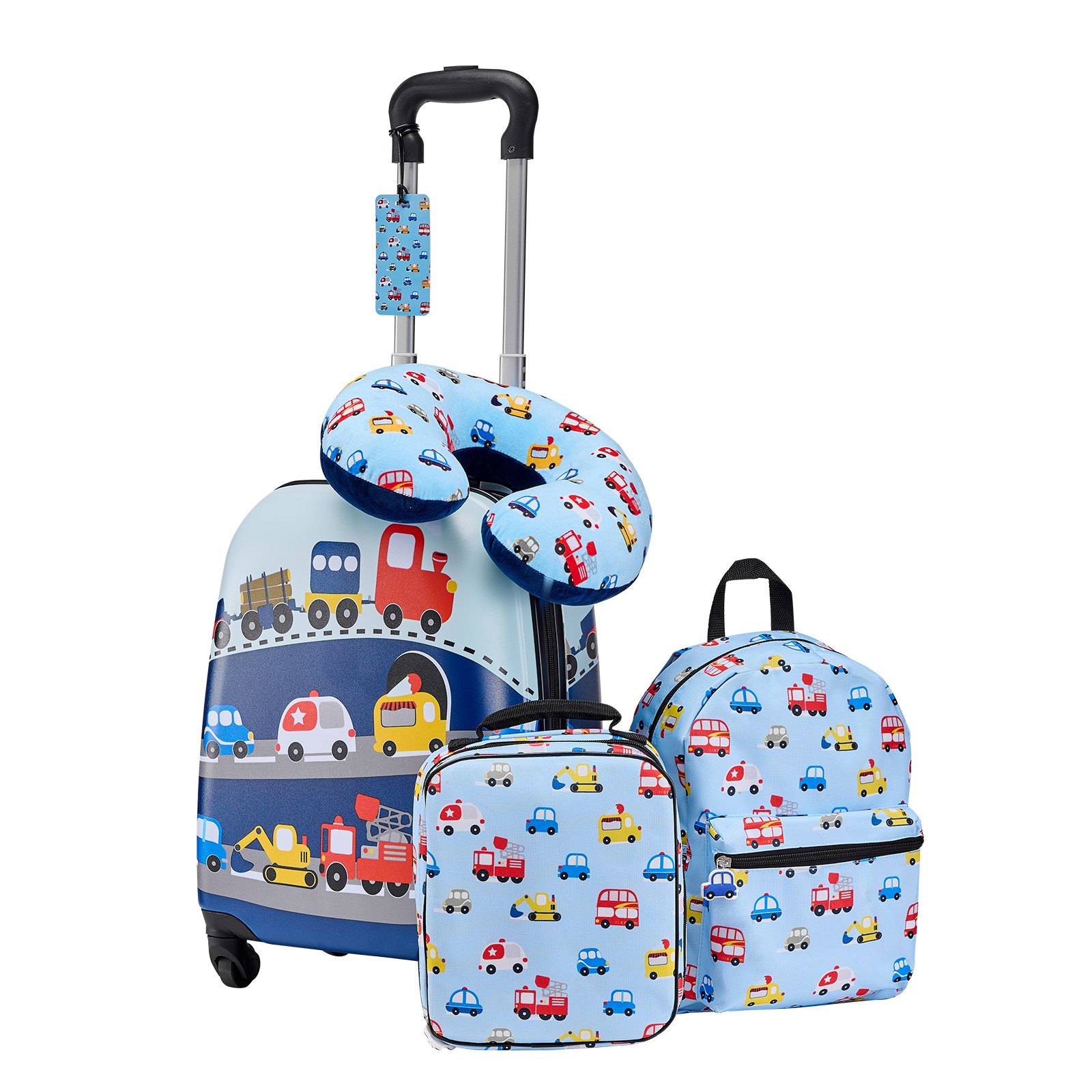 VEVOR Juego de Maletas para Niños 5 Piezas, Maleta de Cabina 45,7 cm, Mochila con Cojín Cervical, Bolsa para Comida y Etiqueta de Equipaje, Camión Azul, Equipajes Infantiles para Viaje Escuela Camping
