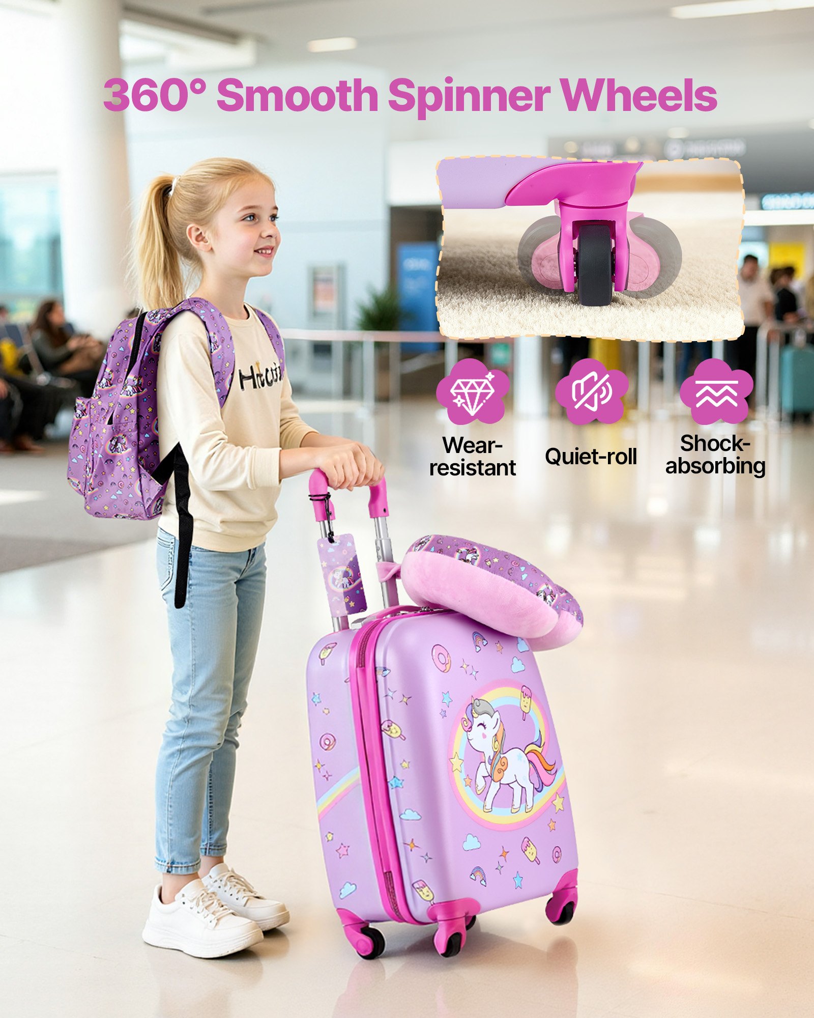 VEVOR Juego de Maletas para Niños 5 Piezas, Maleta de Cabina 45,7 cm, Mochila con Cojín Cervical, Bolsa de Comida y Etiqueta de Equipaje, Unicornio Rosado, Equipaje Infantil para Viaje Escuela Camping