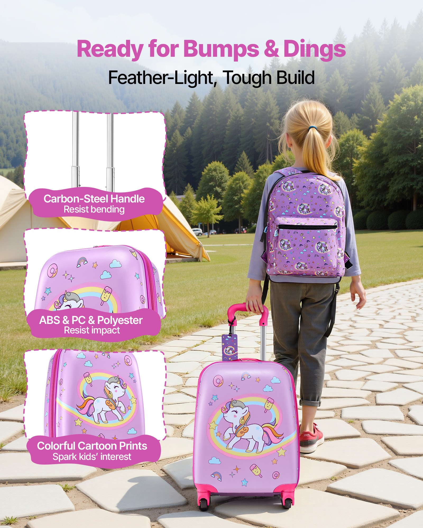 VEVOR Juego de Maletas para Niños 5 Piezas, Maleta de Cabina 45,7 cm, Mochila con Cojín Cervical, Bolsa de Comida y Etiqueta de Equipaje, Unicornio Rosado, Equipaje Infantil para Viaje Escuela Camping