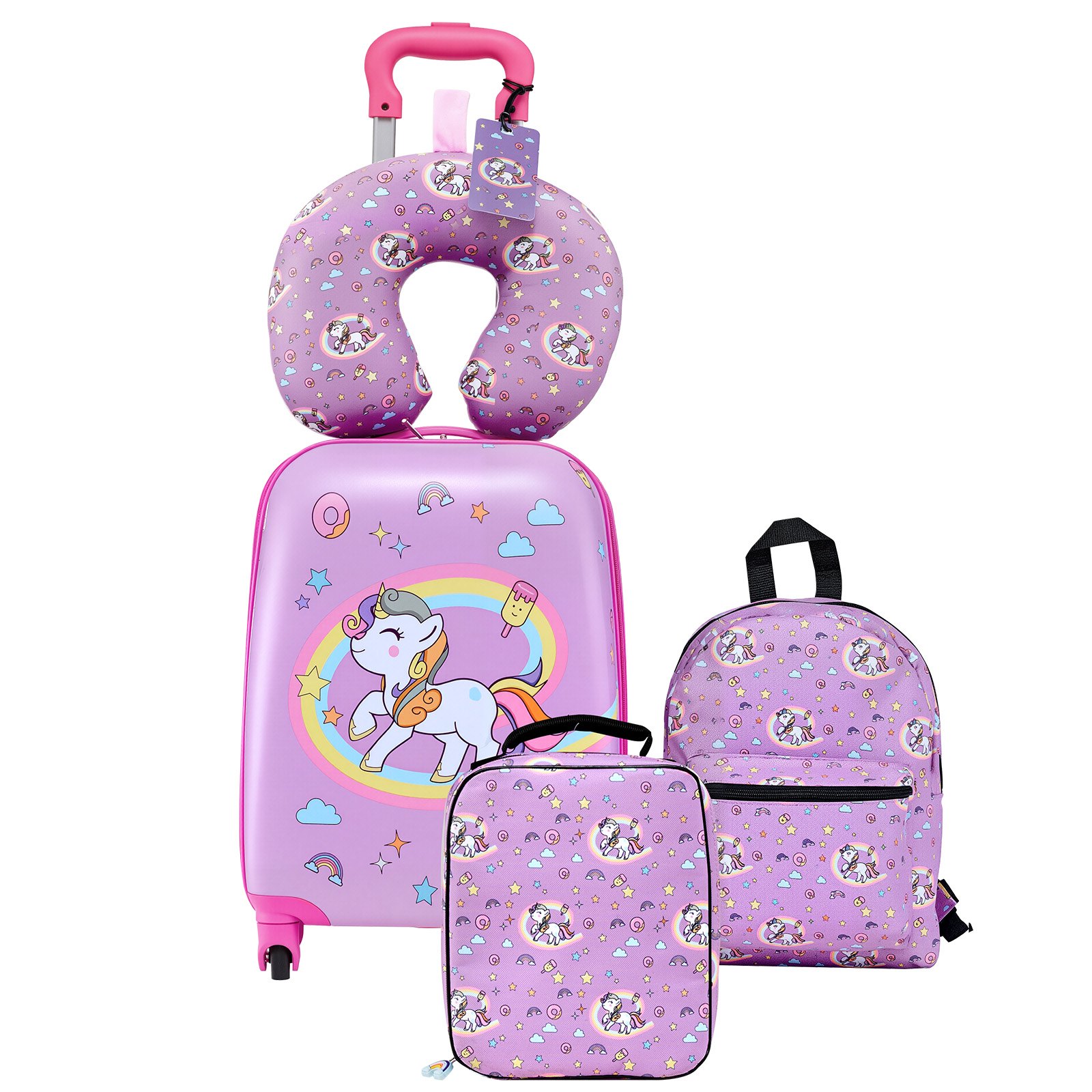 VEVOR Juego de Maletas para Niños 5 Piezas, Maleta de Cabina 45,7 cm, Mochila con Cojín Cervical, Bolsa de Comida y Etiqueta de Equipaje, Unicornio Rosado, Equipaje Infantil para Viaje Escuela Camping