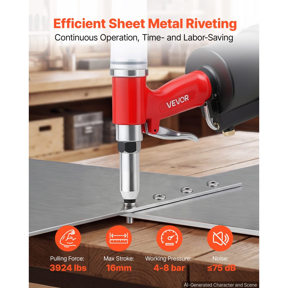 VEVOR Remachadora Neumática para Remaches Ciegos 2,4-6,4 mm 17,5 kN 16 mm, con 5 Boquillas, Mordazas de 3 Garras y Agarre de 360° para Remaches Ciegos de Aluminio y Acero para Automoción y Metalurgia
