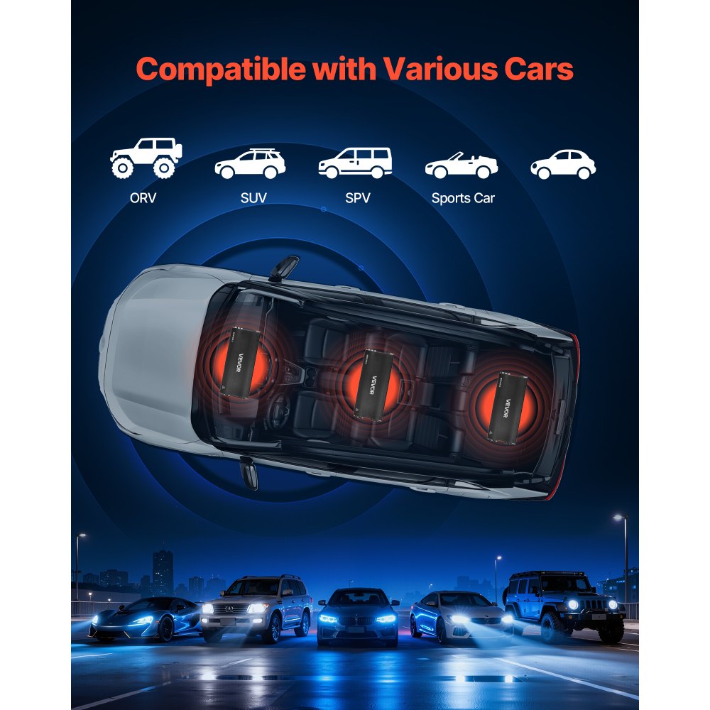 VEVOR Amplificador para Automóvil 5 Canales Clase D, 4 Canales Máximo 4 x 100W a 4 ohmios / 4 x 200W a 2 ohmios y 1 x 1000W a 2 ohmios / 1 x 500W a 4 ohmios, Amplificador de Audio para Coche Sedán SUV