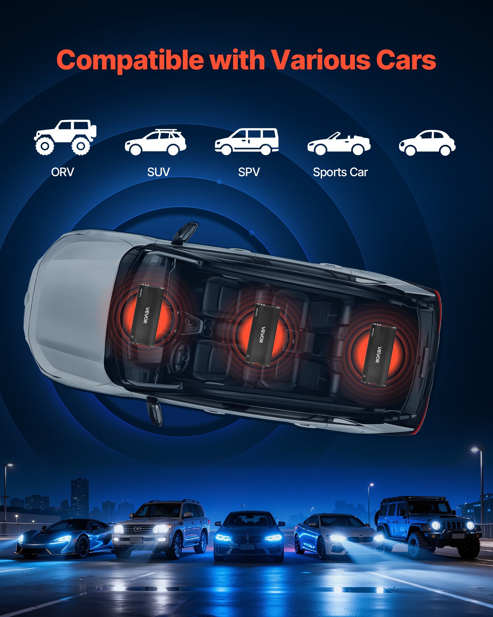 VEVOR Amplificador para Automóvil 5 Canales Clase D, 4 Canales Máximo 4 x 100W a 4 ohmios / 4 x 200W a 2 ohmios y 1 x 1000W a 2 ohmios / 1 x 500W a 4 ohmios, Amplificador de Audio para Coche Sedán SUV