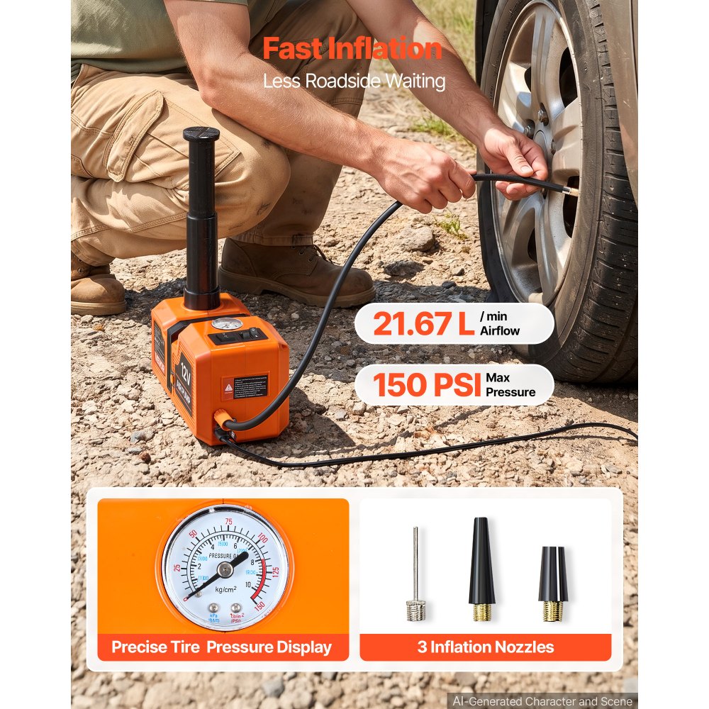 VEVOR Gato Hidráulico Eléctrico 5 t, con Bomba de Aire Integrada, Carrera 155-450 mm, Herramienta para Cambio de Neumáticos, con Martillo de Seguridad, Luz LED, para Camionetas, SUV y Sedanes, Naranja