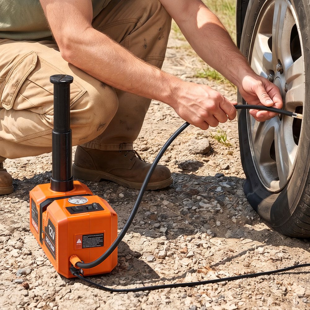 VEVOR Gato Hidráulico Eléctrico 5 t, con Bomba de Aire Integrada, Carrera 155-450 mm, Herramienta para Cambio de Neumáticos, con Martillo de Seguridad, Luz LED, para Camionetas, SUV y Sedanes, Naranja