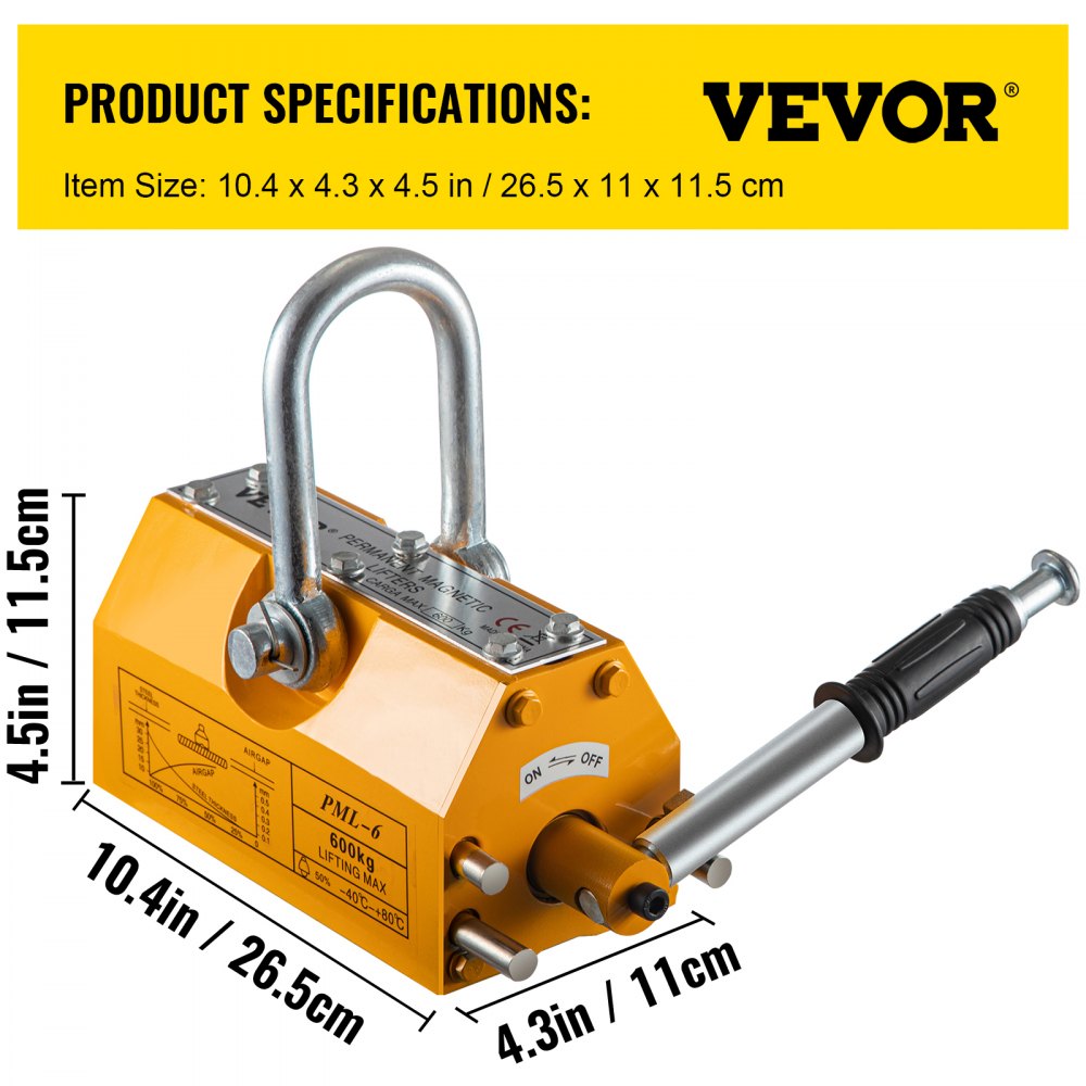 VEVOR Elevador Magnético de Acero de 600kg, Imán de Elevación de Grúa de Elevación de Servicios Pesados Amarillo, Elevador Magnético con Imán Duradero Flexible, Levantamiento Magnético