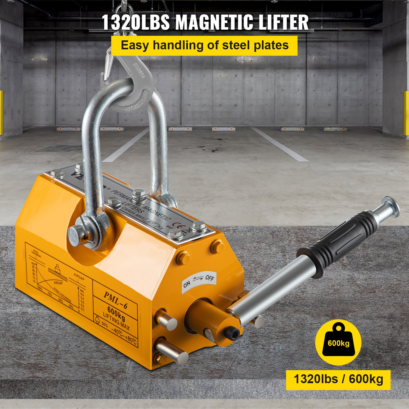 VEVOR Elevador Magnético de Acero de 600kg, Imán de Elevación de Grúa de Elevación de Servicios Pesados Amarillo, Elevador Magnético con Imán Duradero Flexible, Levantamiento Magnético