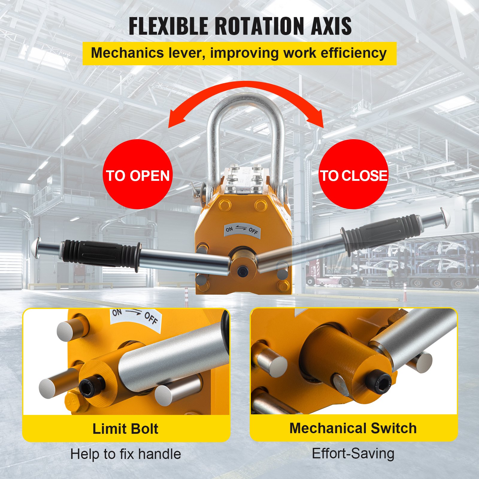 VEVOR Elevador Magnético de Acero de 600kg, Imán de Elevación de Grúa de Elevación de Servicios Pesados Amarillo, Elevador Magnético con Imán Duradero Flexible, Levantamiento Magnético