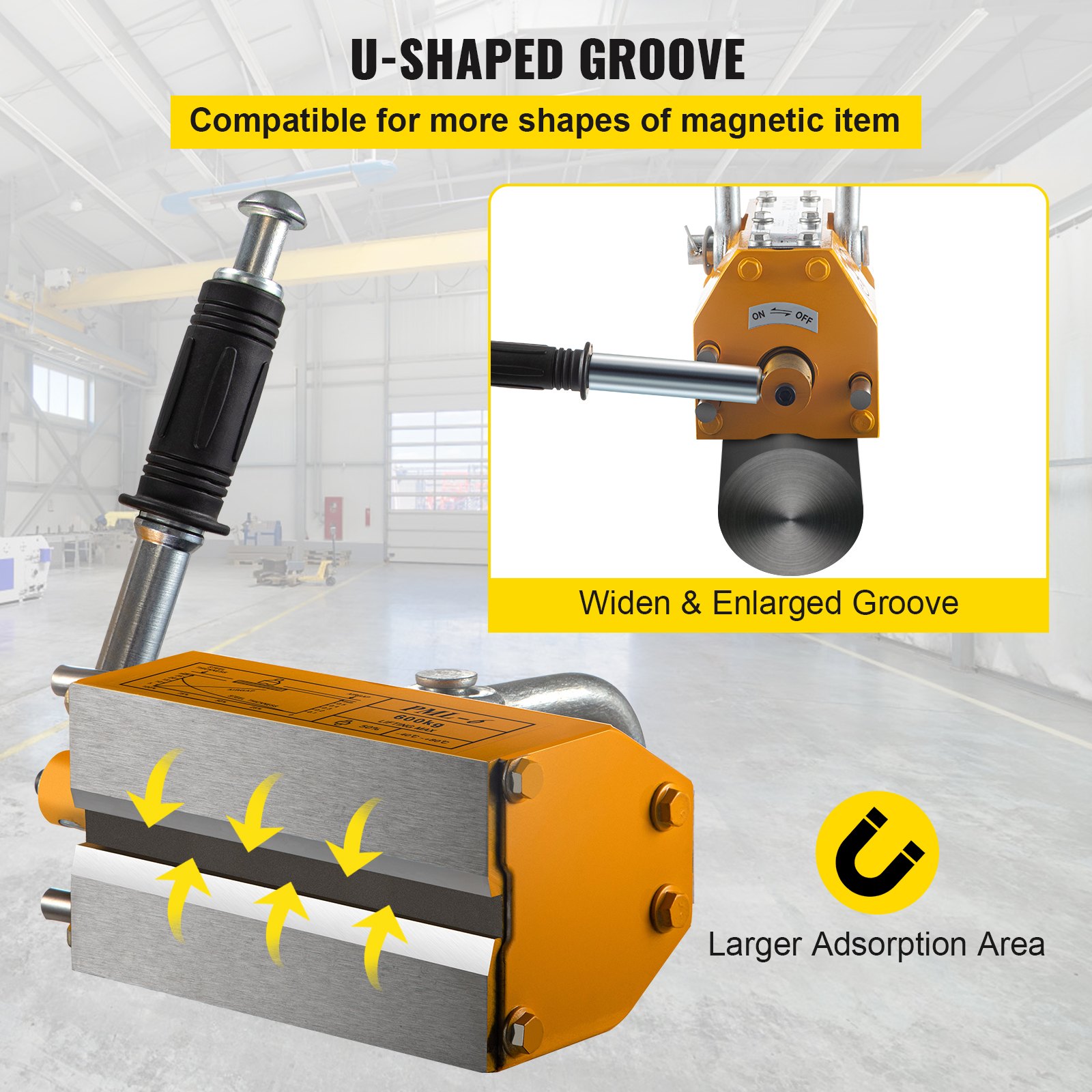VEVOR Elevador Magnético de Acero de 600kg, Imán de Elevación de Grúa de Elevación de Servicios Pesados Amarillo, Elevador Magnético con Imán Duradero Flexible, Levantamiento Magnético