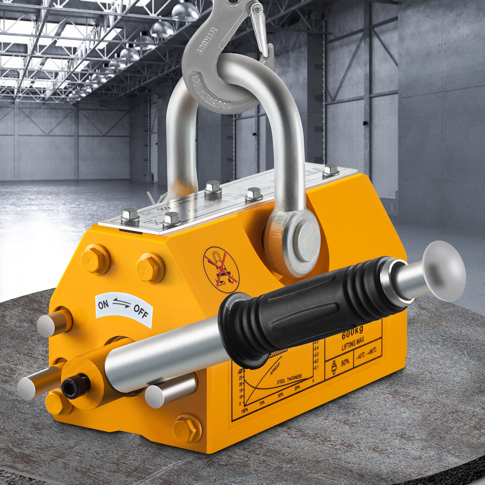 VEVOR Elevador Magnético de Acero de 600kg, Imán de Elevación de Grúa de Elevación de Servicios Pesados Amarillo, Elevador Magnético con Imán Duradero Flexible, Levantamiento Magnético