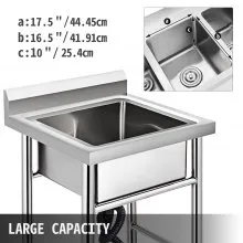 VEVOR Fregadero Comercial de Acero Inoxidable, 1 Compartimientos de Tamaño 44 x 44 x 25 cm y Tamaño Total 93 x 61 x 60 cm para Fregadero de Cocina, 4 Patas de Forma H para Fregadero de Barra Inferior