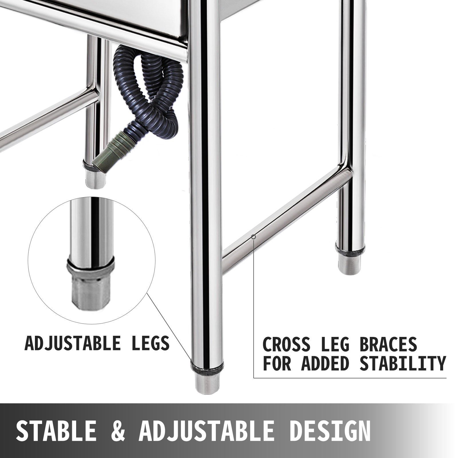 VEVOR Fregadero Comercial de Acero Inoxidable, 1 Compartimientos de Tamaño 44 x 44 x 25 cm y Tamaño Total 93 x 61 x 60 cm para Fregadero de Cocina, 4 Patas de Forma H para Fregadero de Barra Inferior