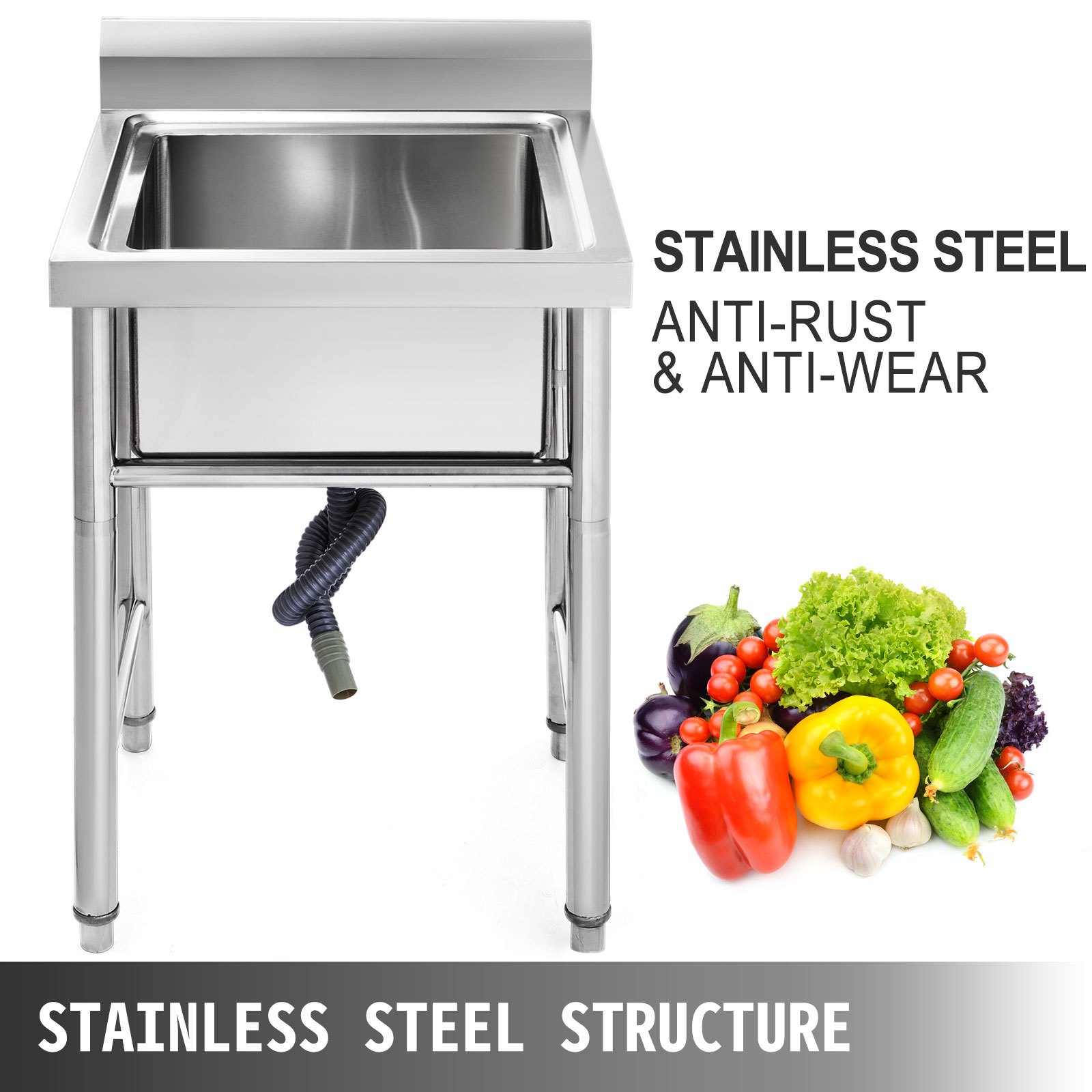 VEVOR Fregadero Comercial de Acero Inoxidable, 1 Compartimientos de Tamaño 44 x 44 x 25 cm y Tamaño Total 93 x 61 x 60 cm para Fregadero de Cocina, 4 Patas de Forma H para Fregadero de Barra Inferior